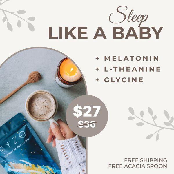 A clean, minimalist 1:1 ad creative promoting a sleep-enhancing mushroom hot cocoa with a price-drop incentive and ingredient callouts.